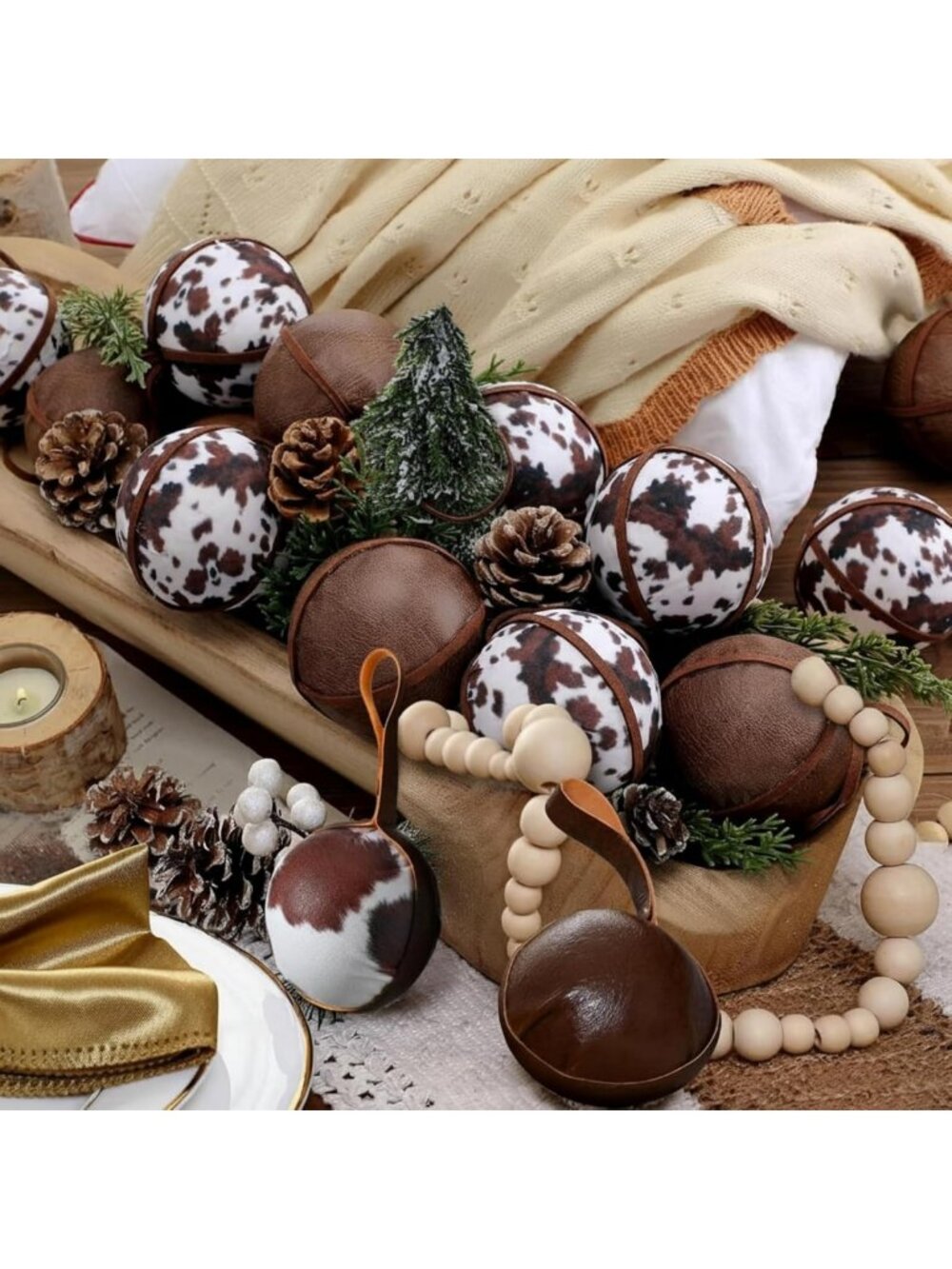 24 Pcs Cowhide Christmas Ornaments - Rustic Western Holiday Decor, 2.36''